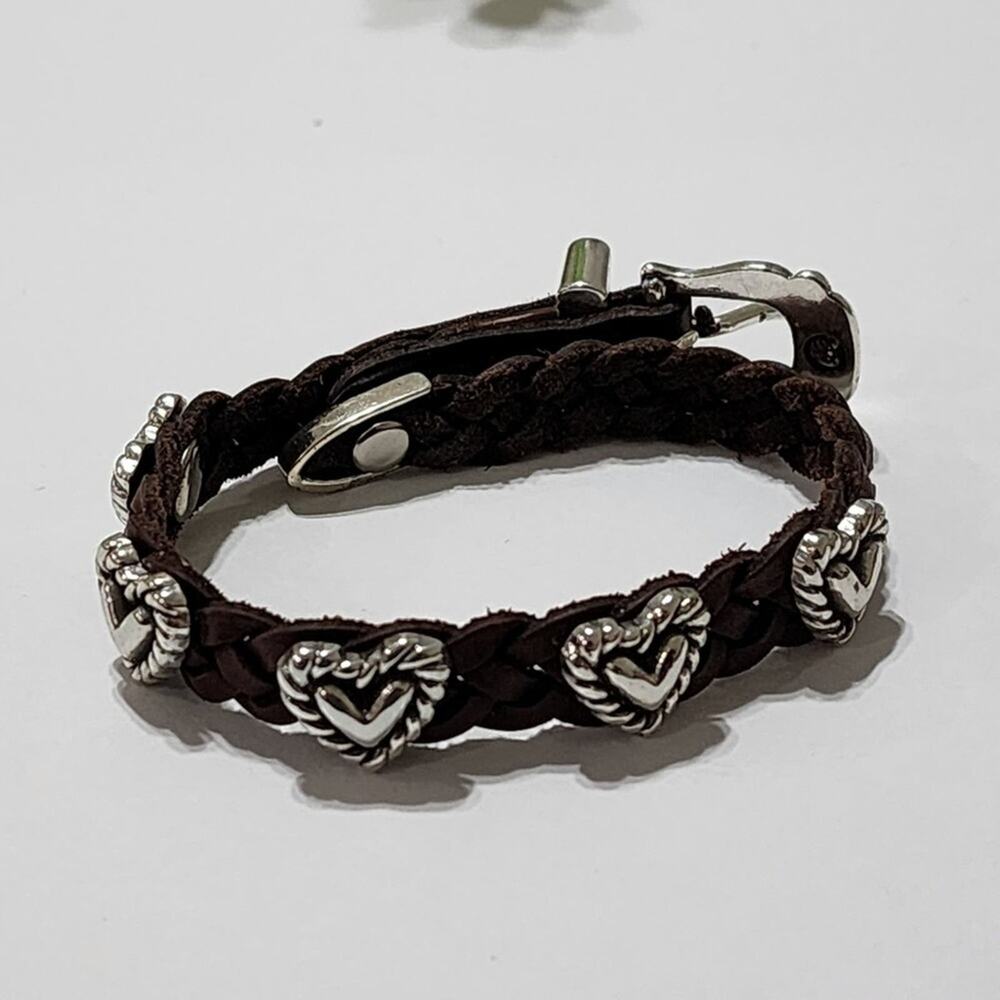 Brighton Braided Leather Heart Charm Bracelet Brown Silver Western Buckle 97473